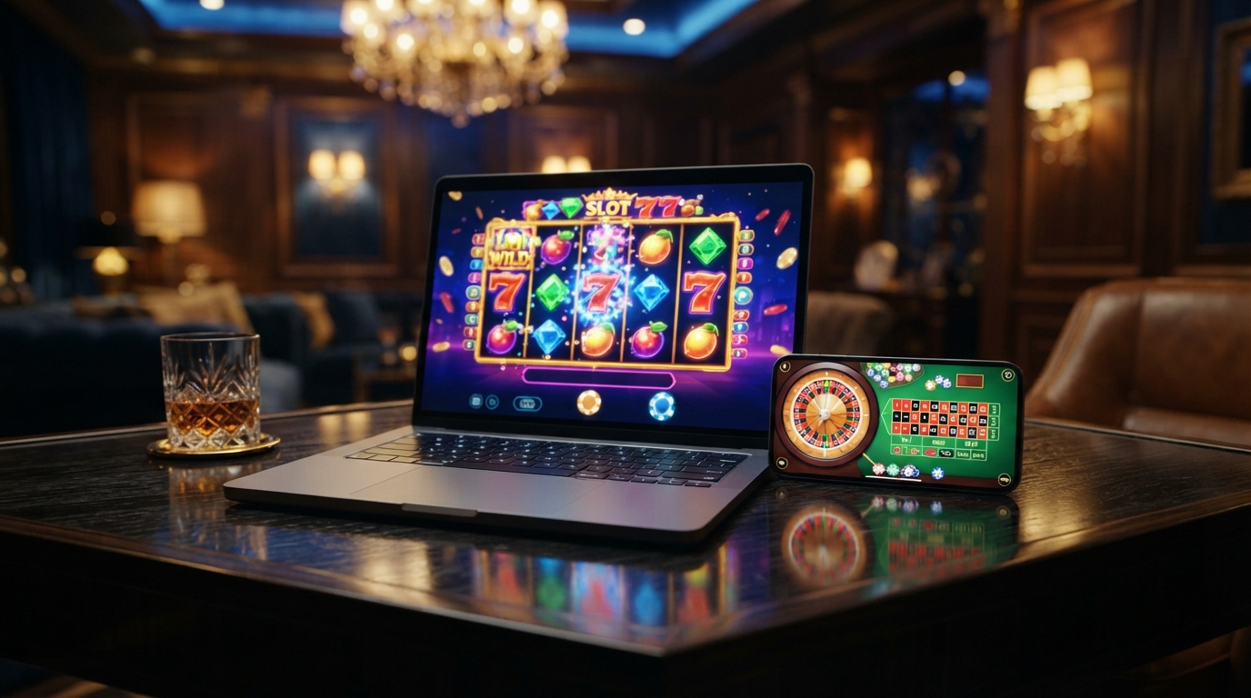 Interfaccia elegante di Wonaco Casino su laptop e smartphone con slot e roulette