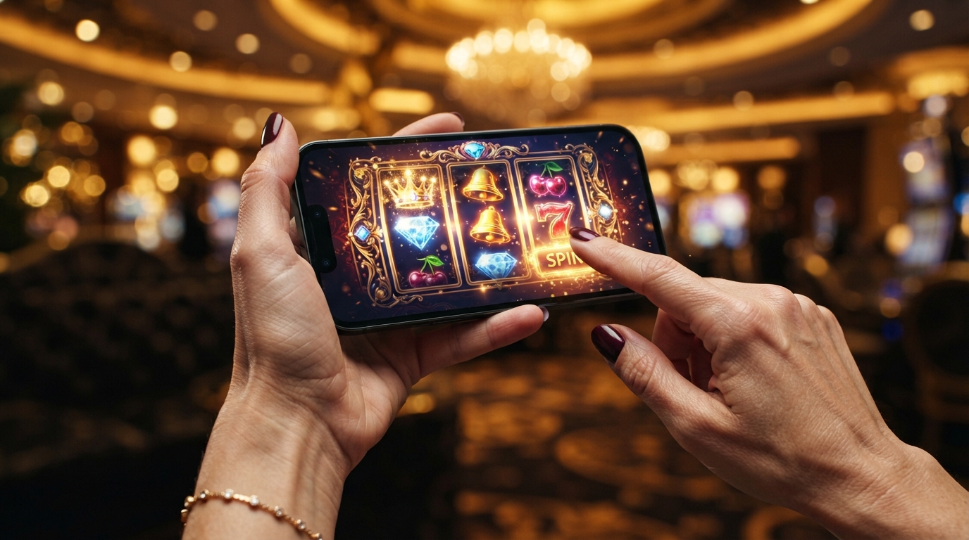 Giocatore che utilizza Wonaco Casino su smartphone con slot Pragmatic Play a schermo